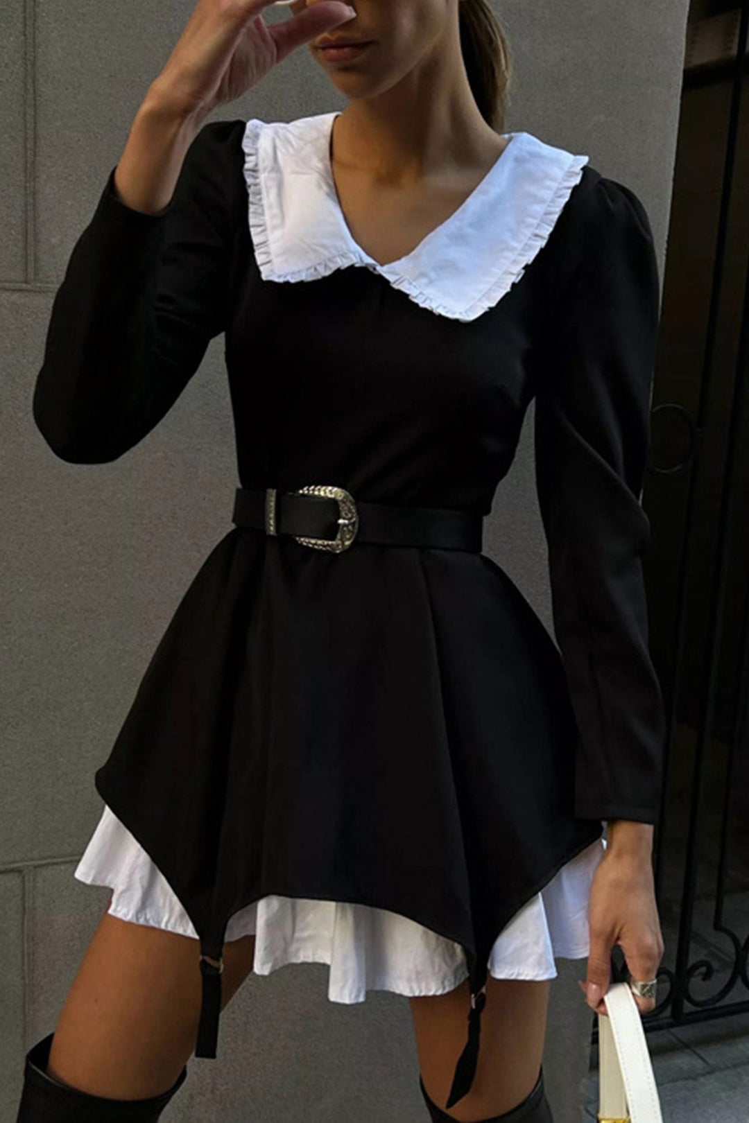 Doll Collar Ruched Fake Two-Pieces Dress Black · S