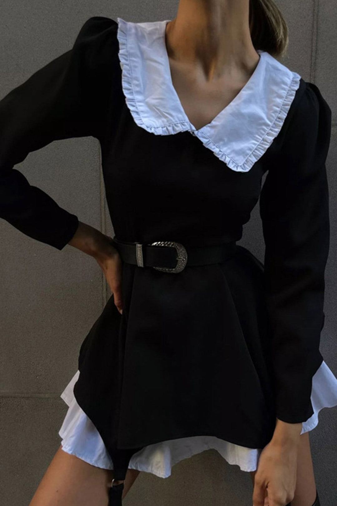 Doll Collar Ruched Fake Two-Pieces Dress Black · M