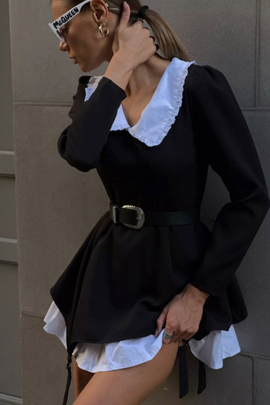 Doll Collar Ruched Fake Two-Pieces Dress Black · L