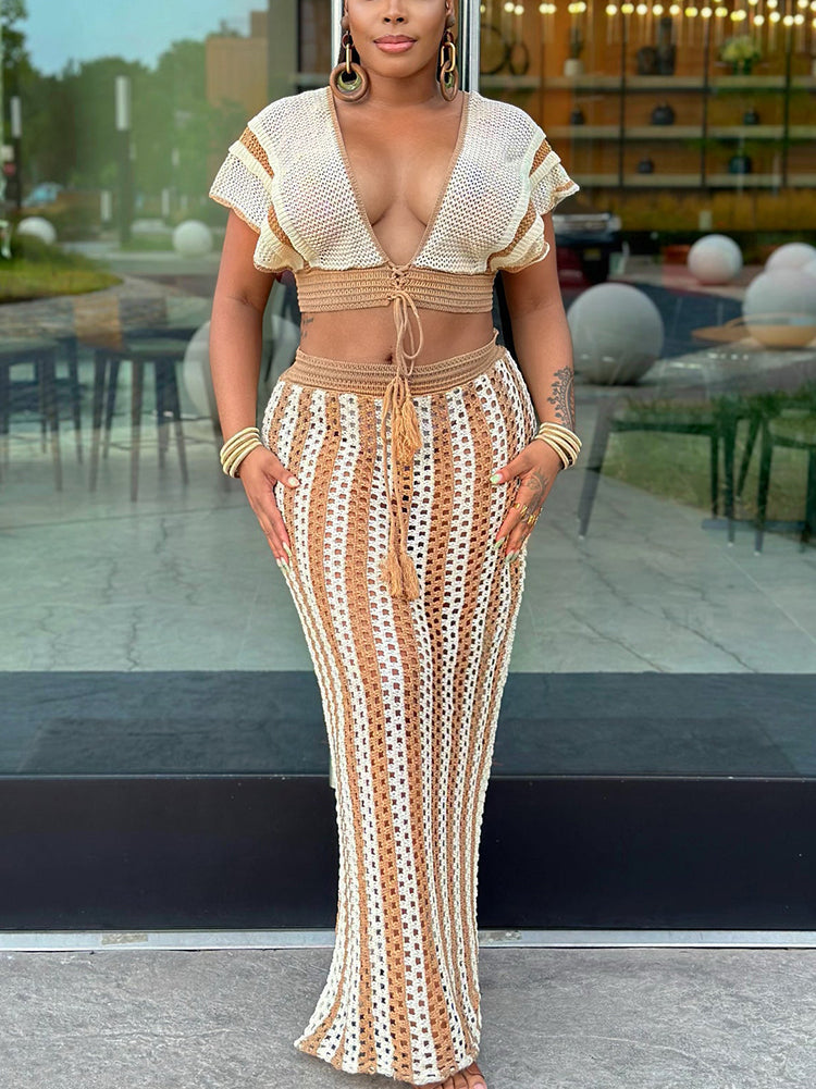 Breezy Crochet Stripe Skirt Set Khaki / S