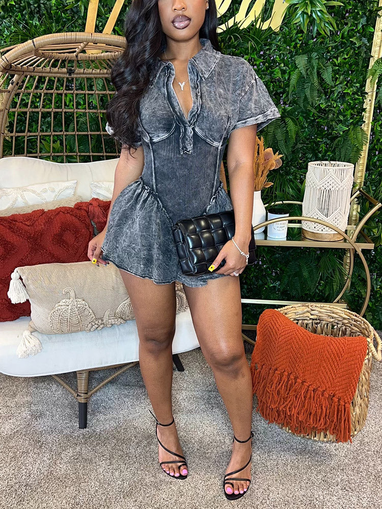 Acid-Wash Flare Romper Black / S