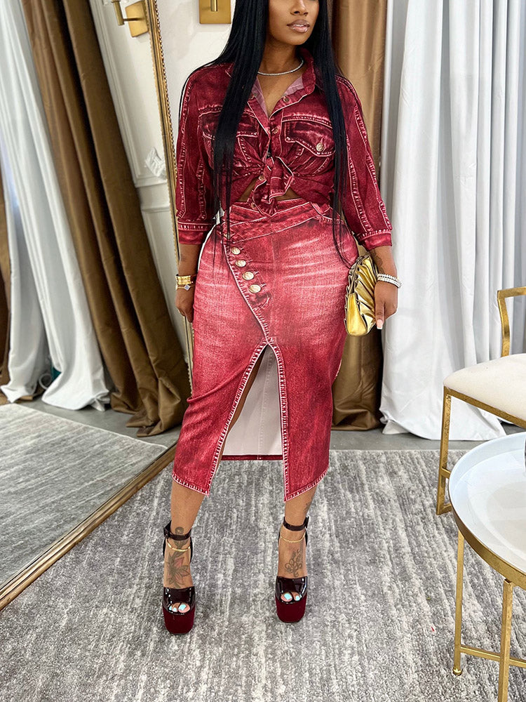 Denim Print Shirt & Skirt Set *Blue / 2XL