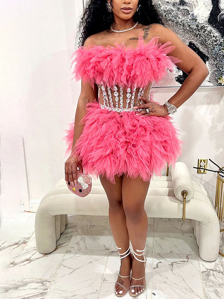 Gorgeous Rhinestone Tulle Party Dress Set Red / L