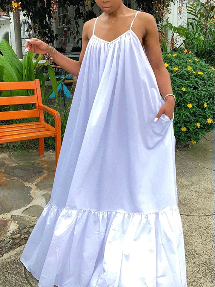 Spaghetti Strap Ruffle Maxi Dress Yellow / L