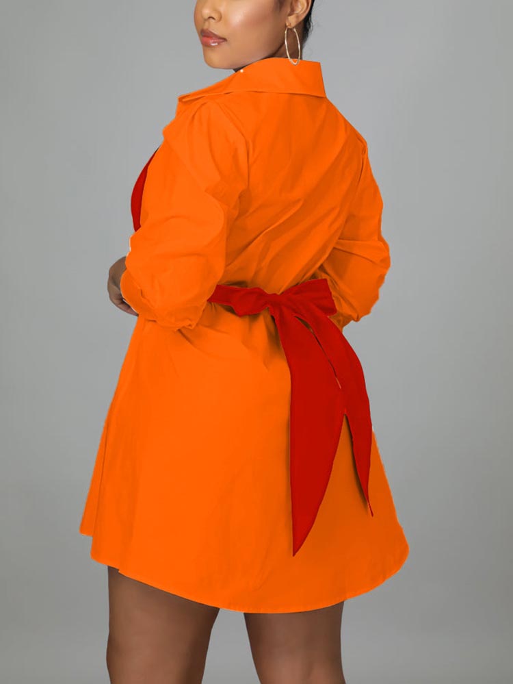 Patchwork Lace Up Shirt Dress Orange / XL