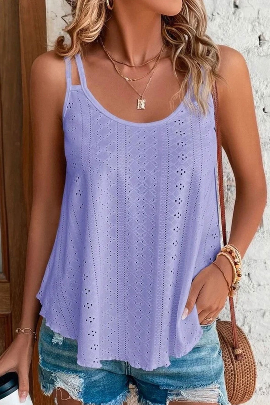 Eyelet Strappy Scoop-Neck Tank Top Pink · 2XL