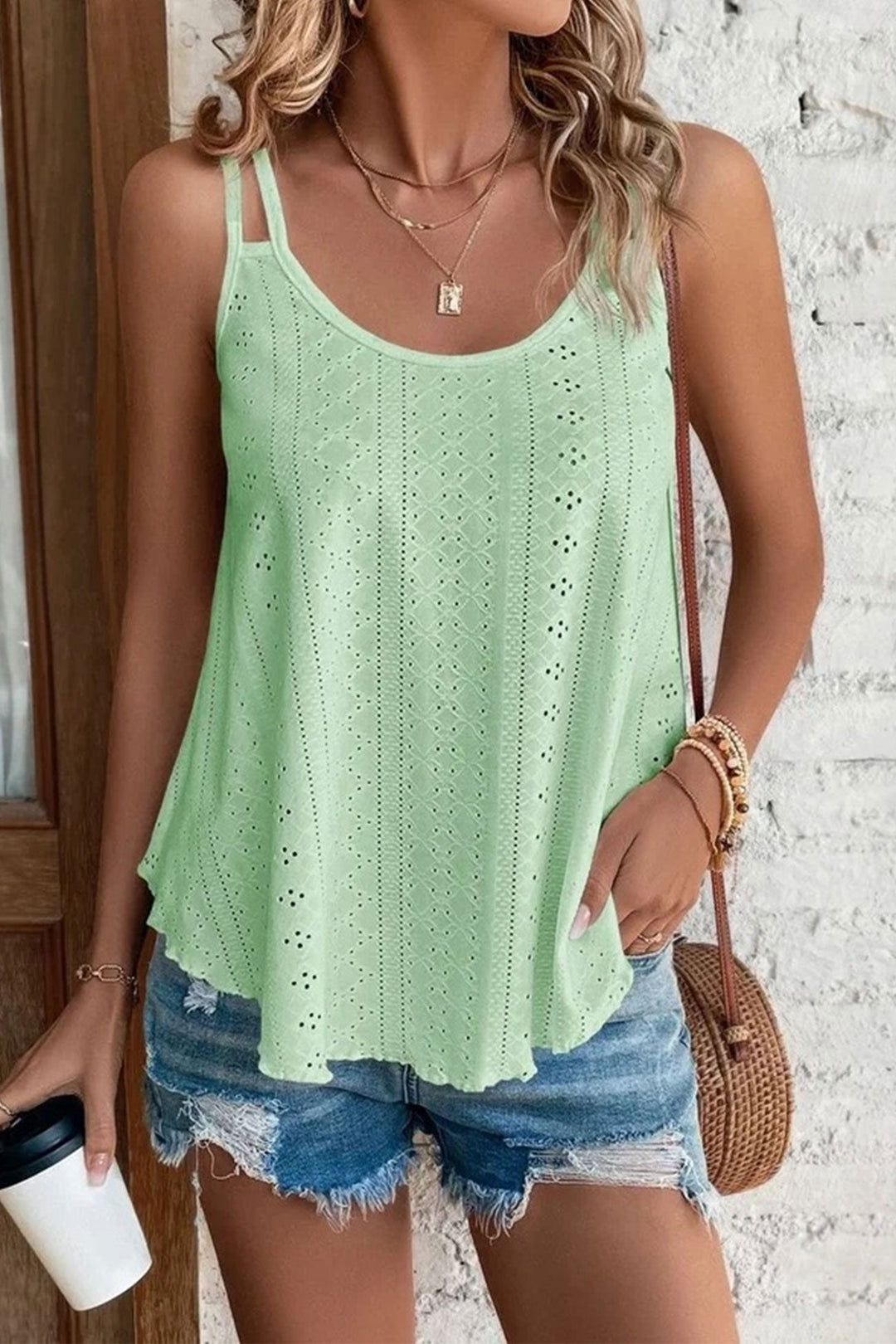 Eyelet Strappy Scoop-Neck Tank Top Light Blue · L