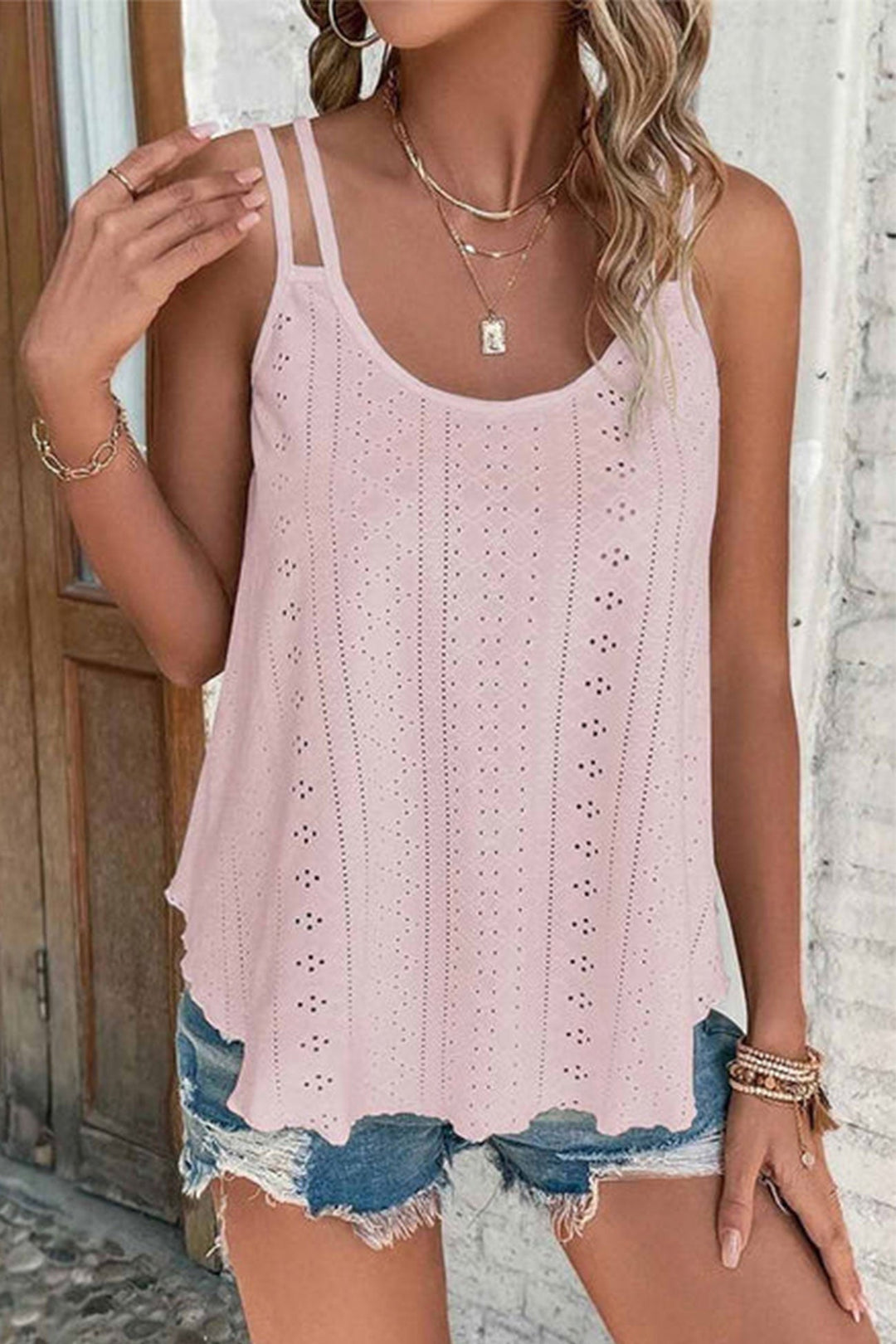 Eyelet Strappy Scoop-Neck Tank Top Pink · M