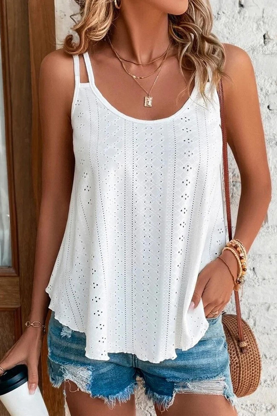 Eyelet Strappy Scoop-Neck Tank Top White · M