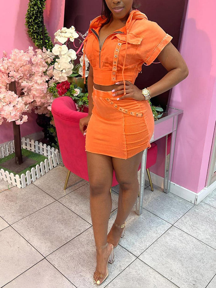 Washed Hoodie Top & Mini Skirt Set Orange / L