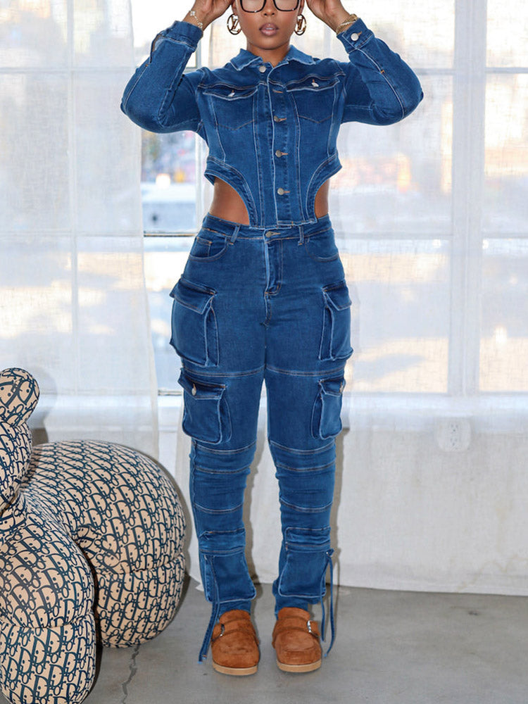 Denim Asymmetrical Jacket & Cargo Jeans Set Light Blue / S