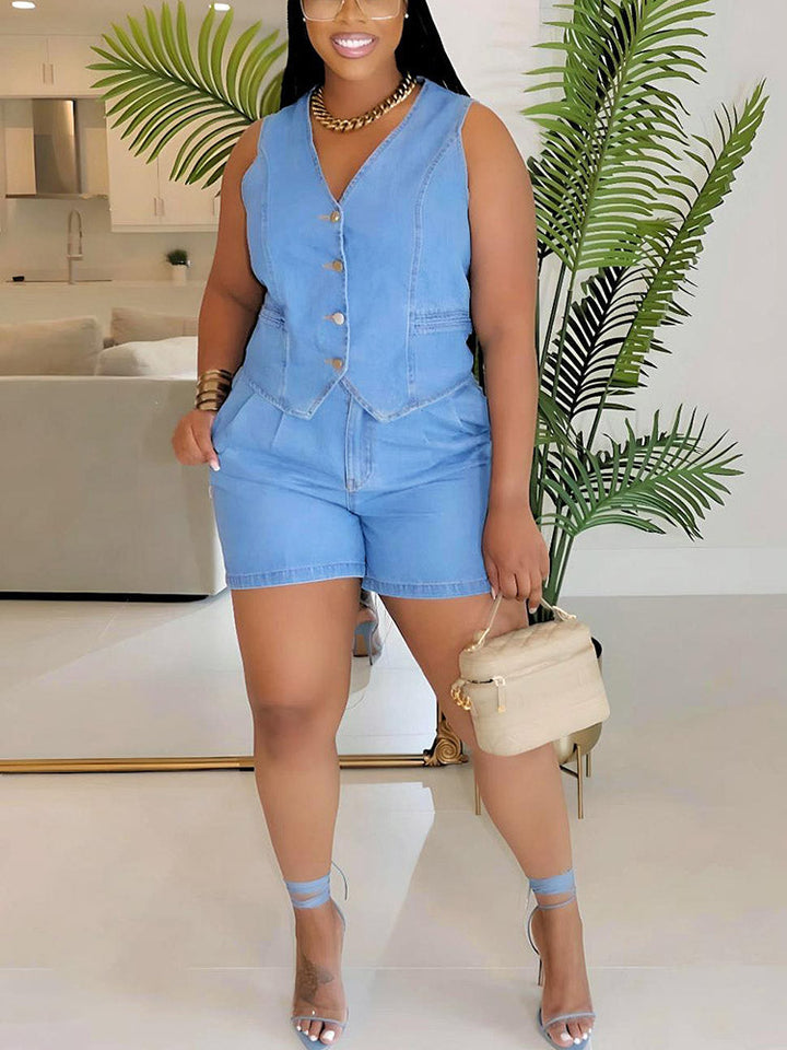 Denim Vest & Shorts Set Blue / M