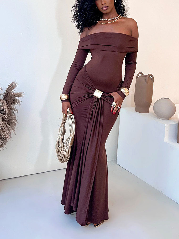 Off-Shoulder Draped Gown Dress Coffee / S