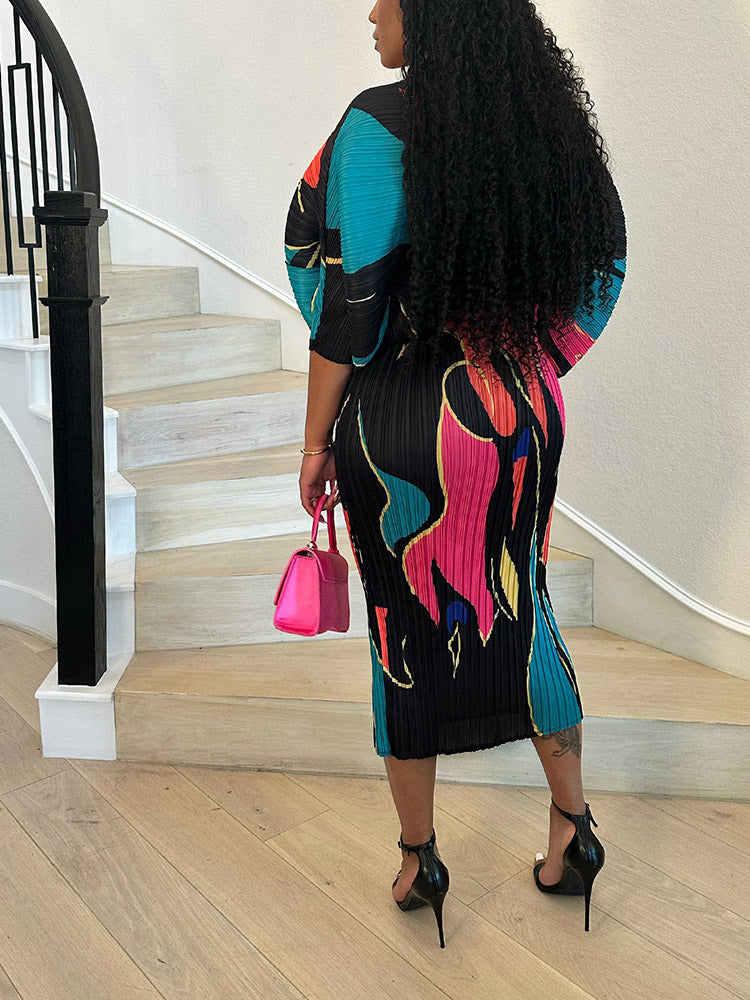 Print Pleated Midi Dress Green Yellow / One Size