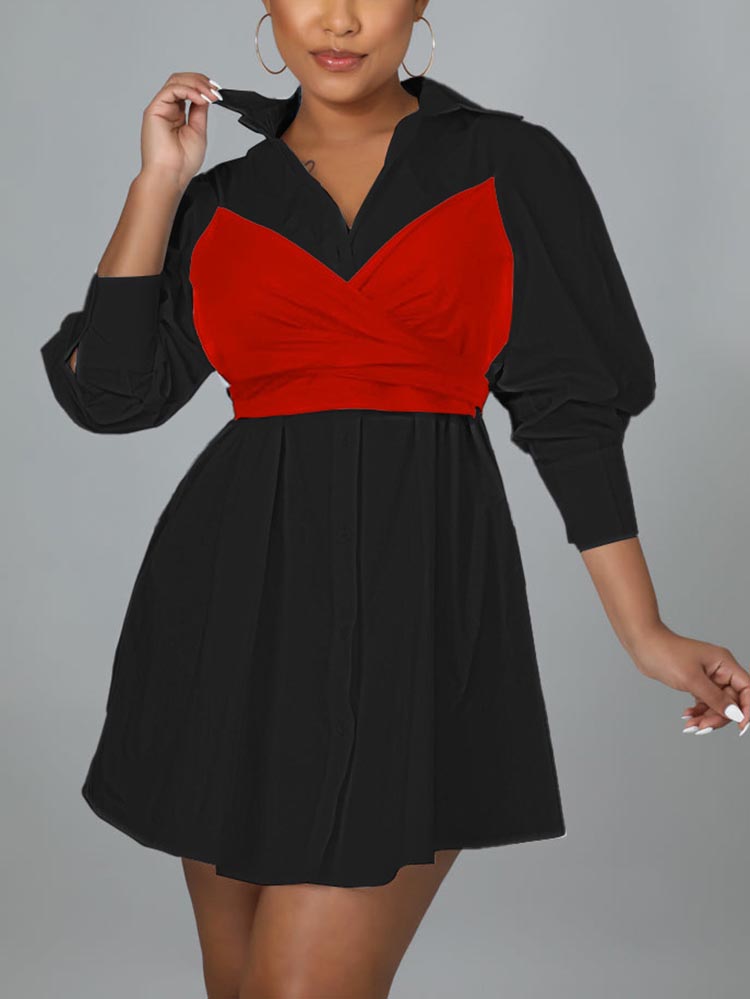 Patchwork Lace Up Shirt Dress Black Red / 2XL