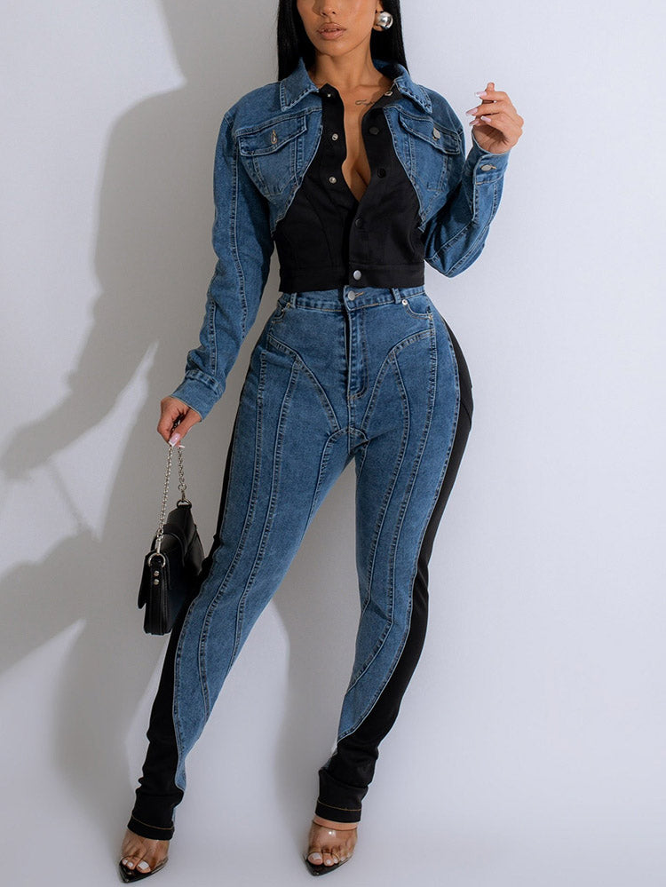 Color Contrast Denim Jacket & Jeans Jeans / S