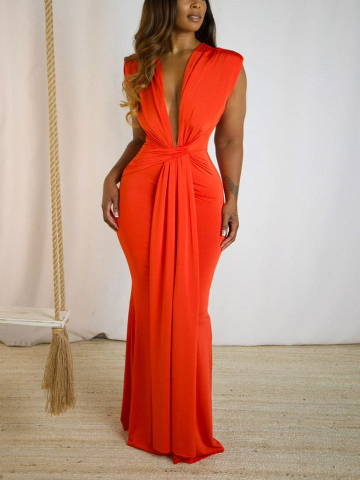 Elegant Plunge Draped Maxi Dress Pink / 2XL