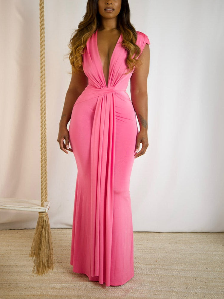 Elegant Plunge Draped Maxi Dress Black / M