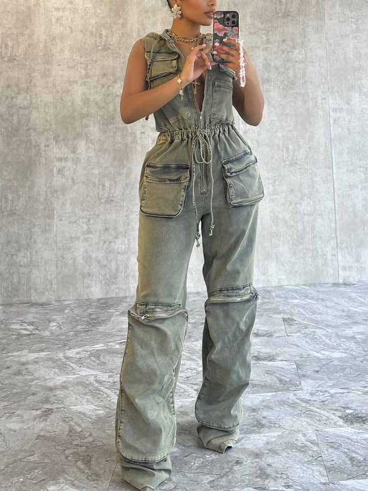 Vintage Hoodie Denim Jumpsuit Light Blue / 2XL