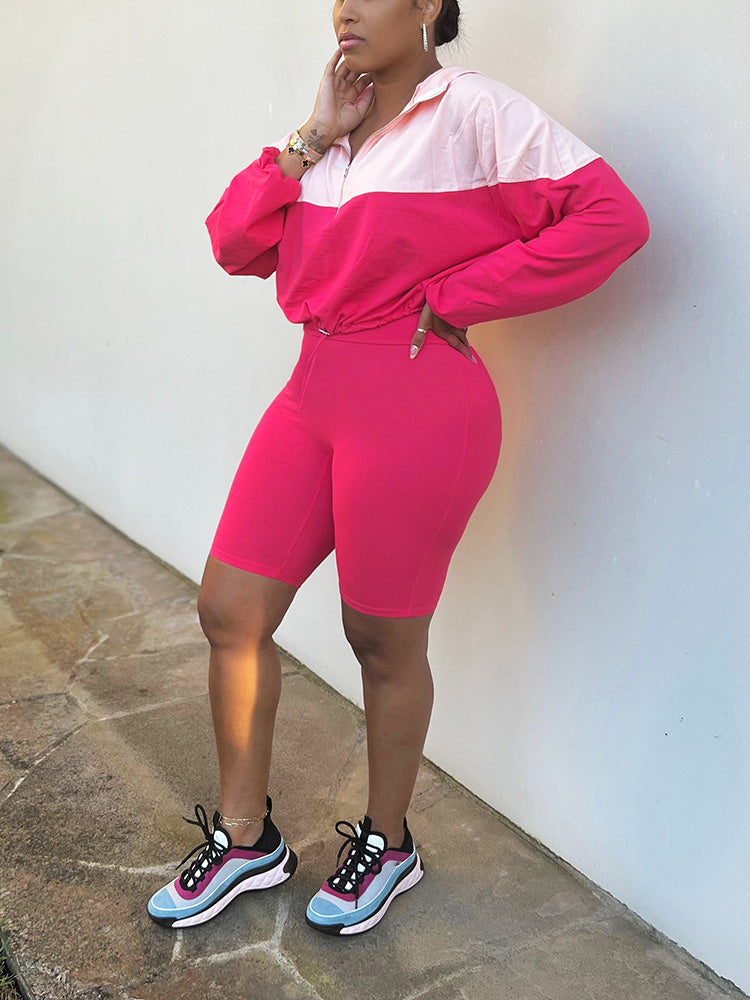 Half Zip Hoodie & Biker Shorts Set Purple / 2XL