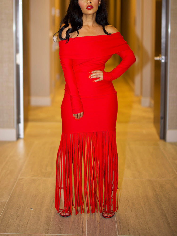 Off Shoulder Fringe Dress Red / S