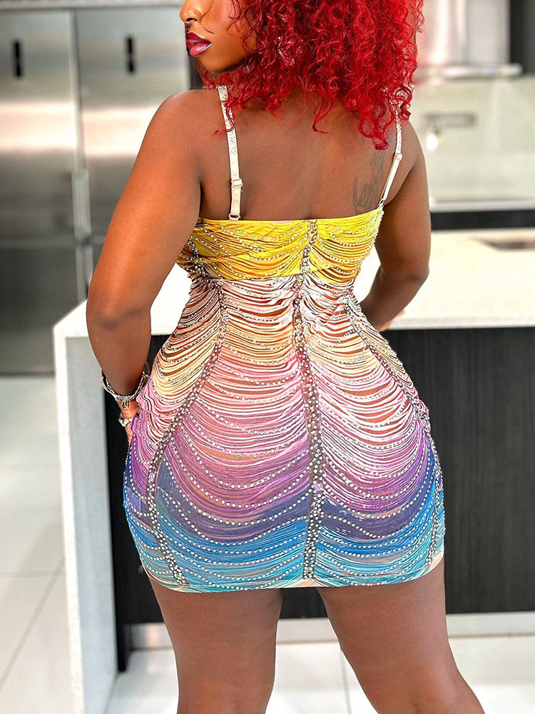 Gradient Mesh Rhinestone Dress Multicolor / M