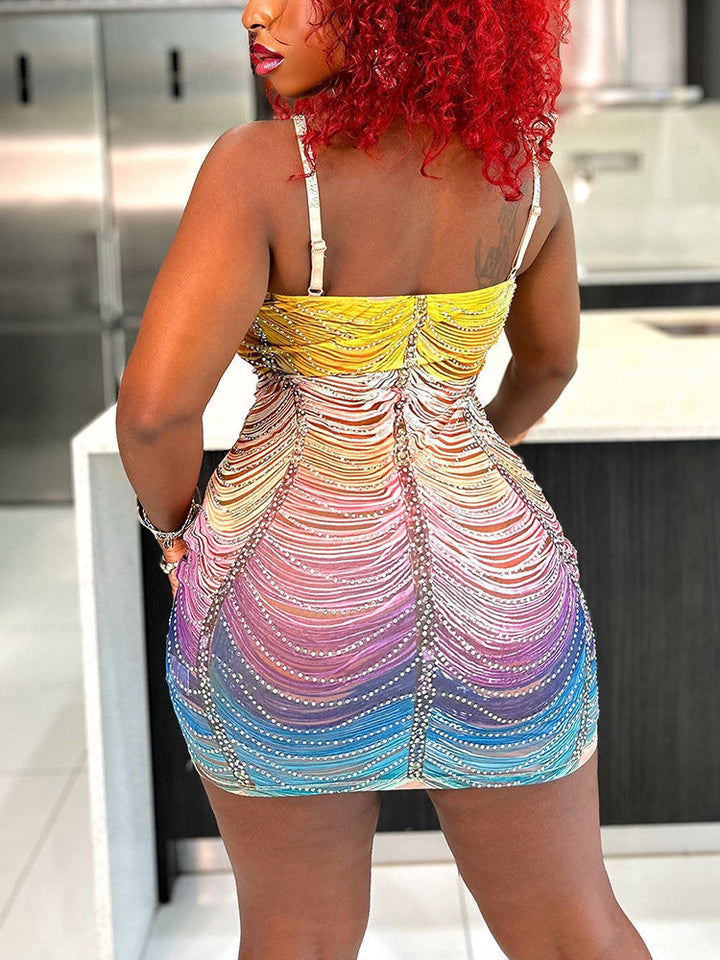 Gradient Mesh Rhinestone Dress Multicolor / M