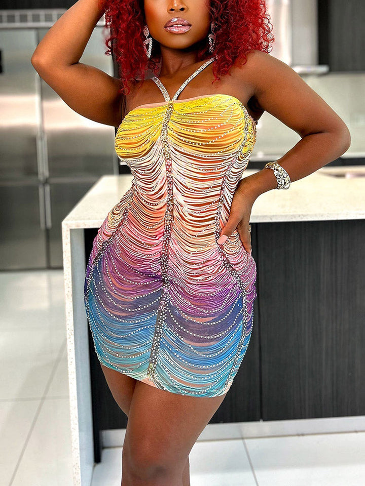 Gradient Mesh Rhinestone Dress Multicolor / S