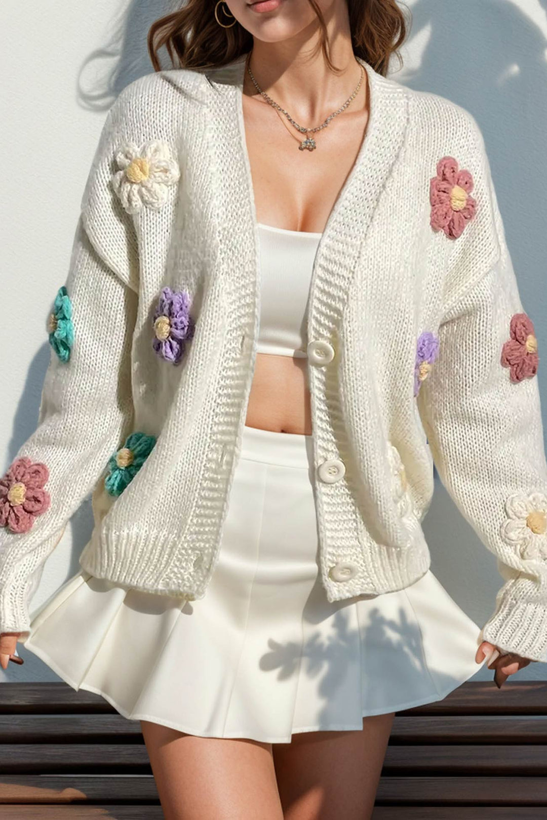 Floral Crochet Button-deon Cardigan White · S