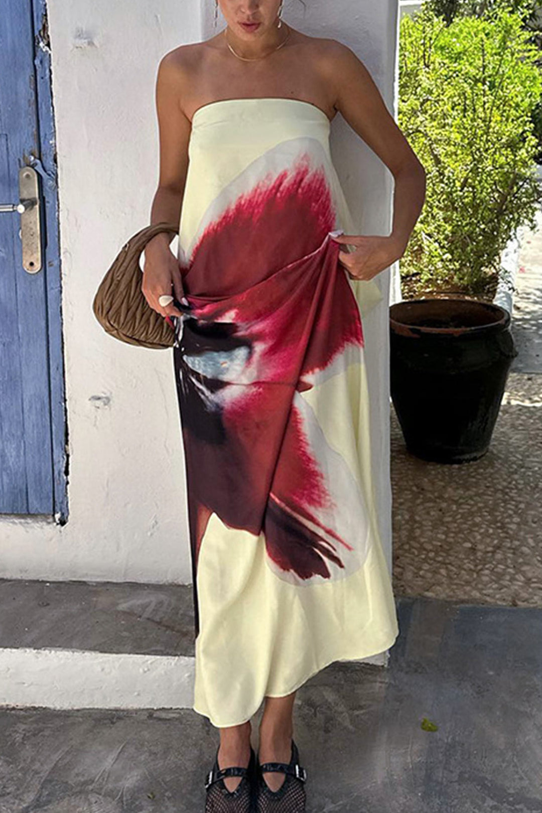 Floral Print Backless Maxi Dress Wine Red · S