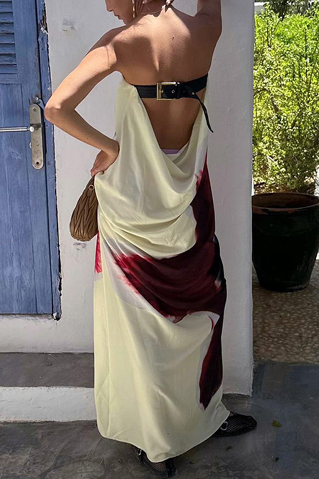 Floral Print Backless Maxi Dress Light Yellow · S