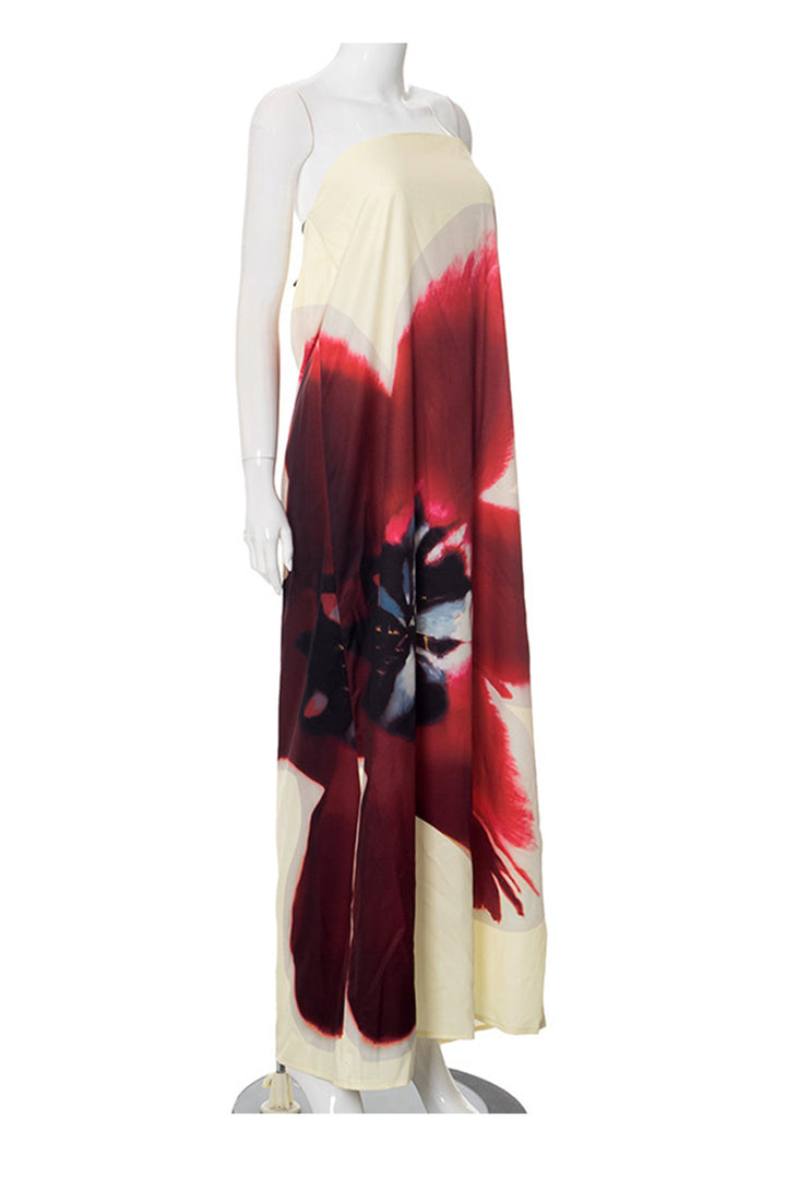 Floral Print Backless Maxi Dress Brown · M