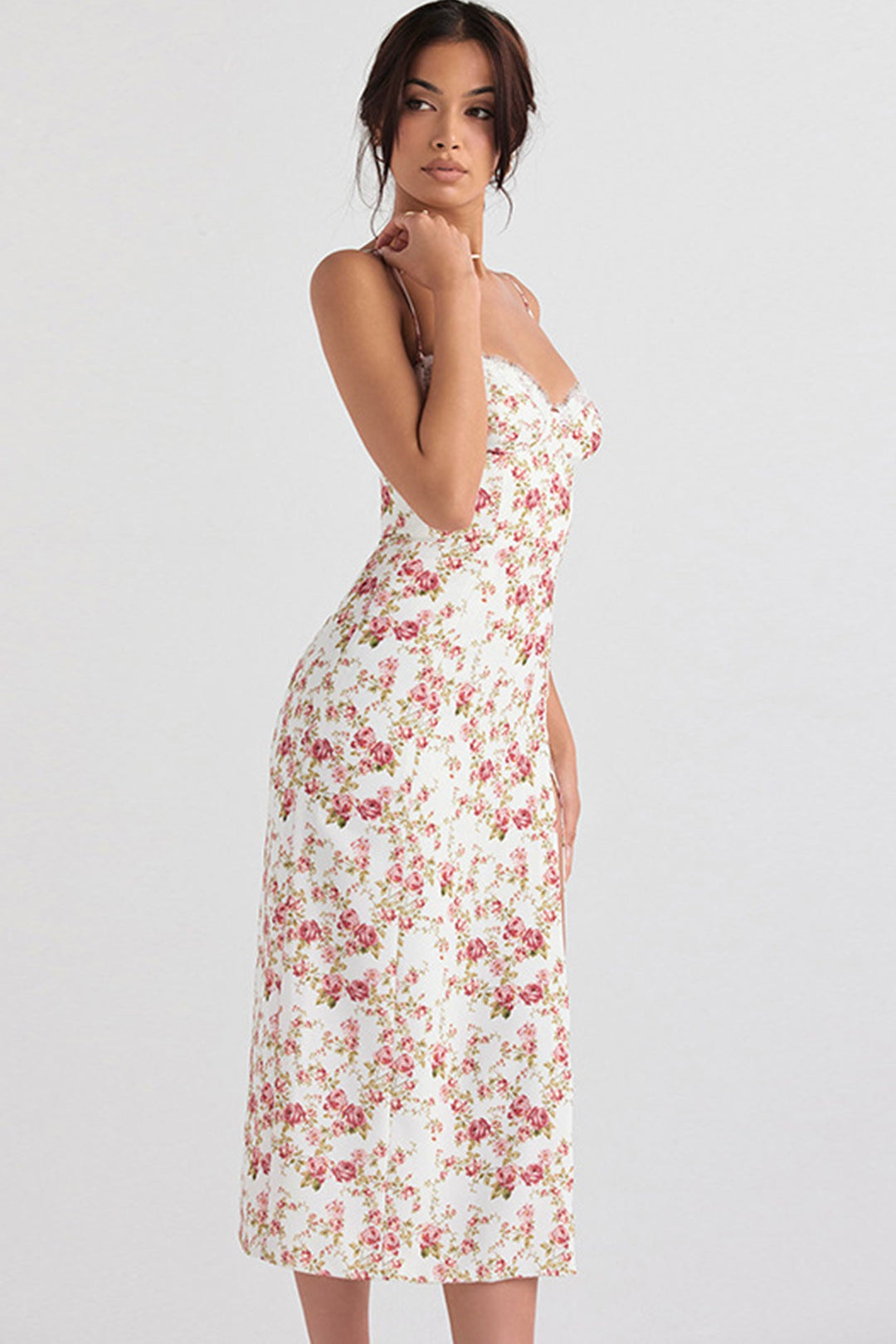Floral Print Lace Split Cami Dress Blue · M