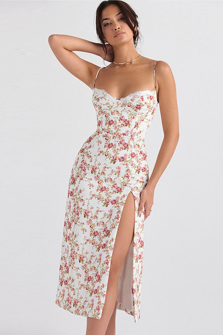 Floral Print Lace Split Cami Dress Blue · S