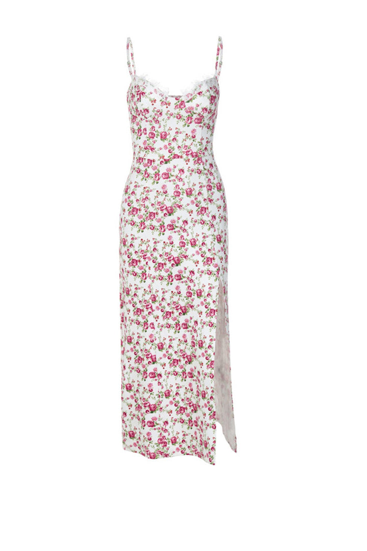 Floral Print Lace Split Cami Dress Blue · L