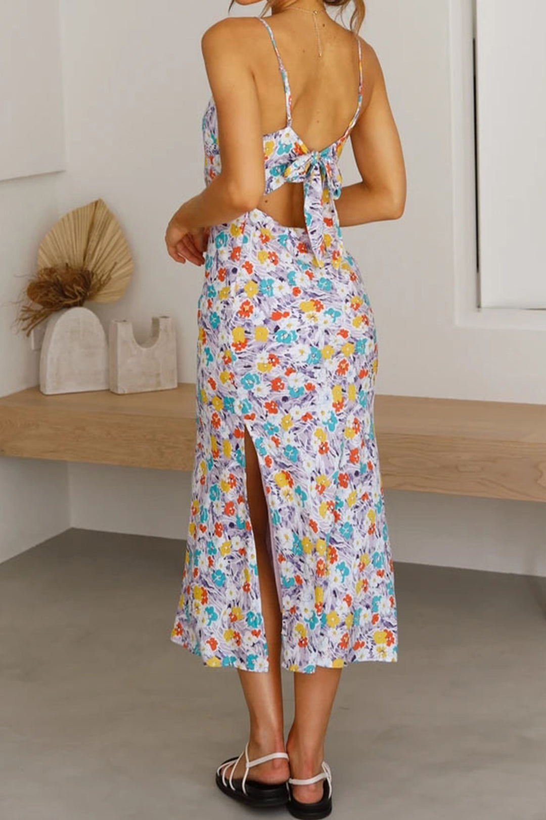 Floral Print Low Cut Slit Cami Dress Blue · S