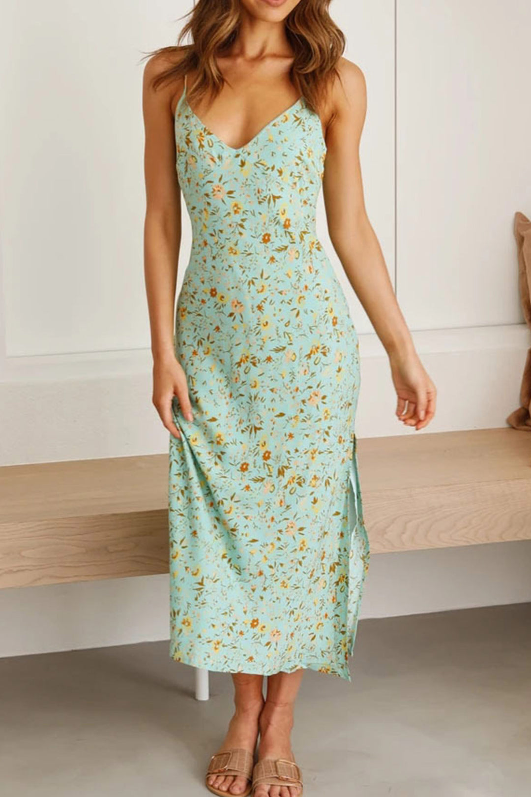Floral Print Low Cut Slit Cami Dress Blue · XL