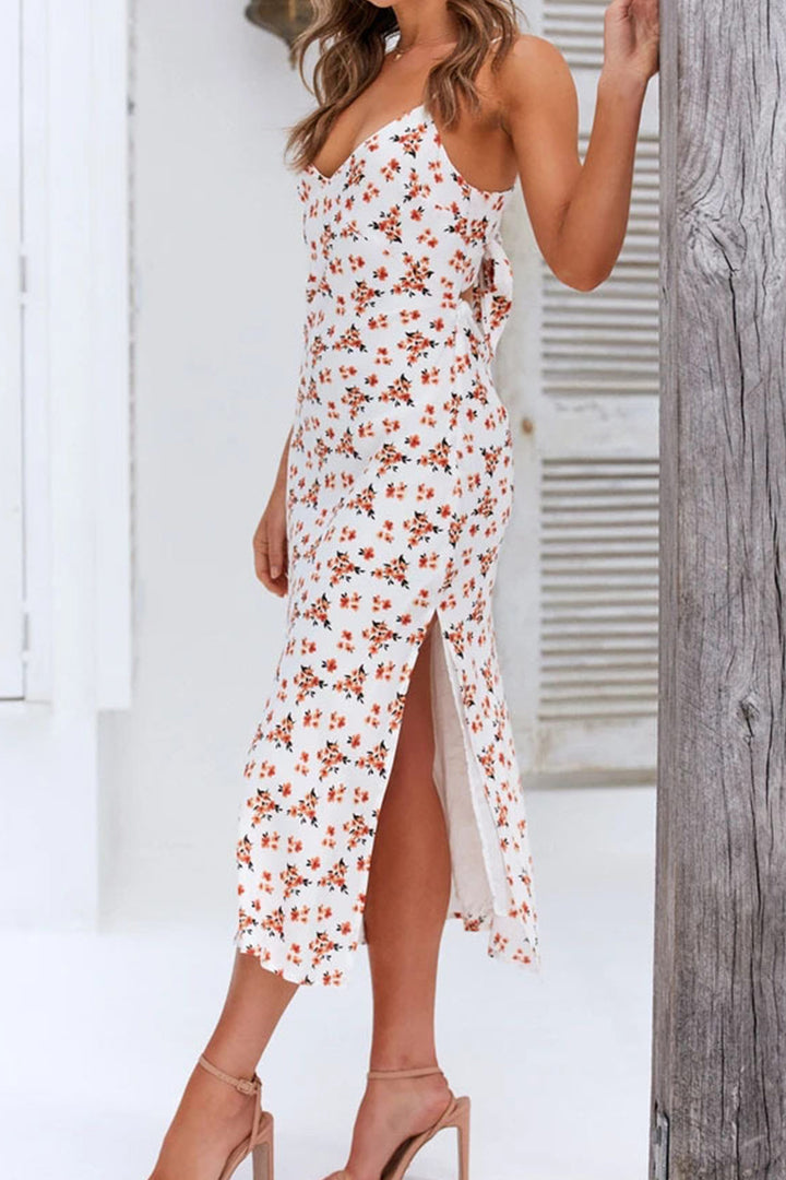 Floral Print Low Cut Slit Cami Dress Green · L