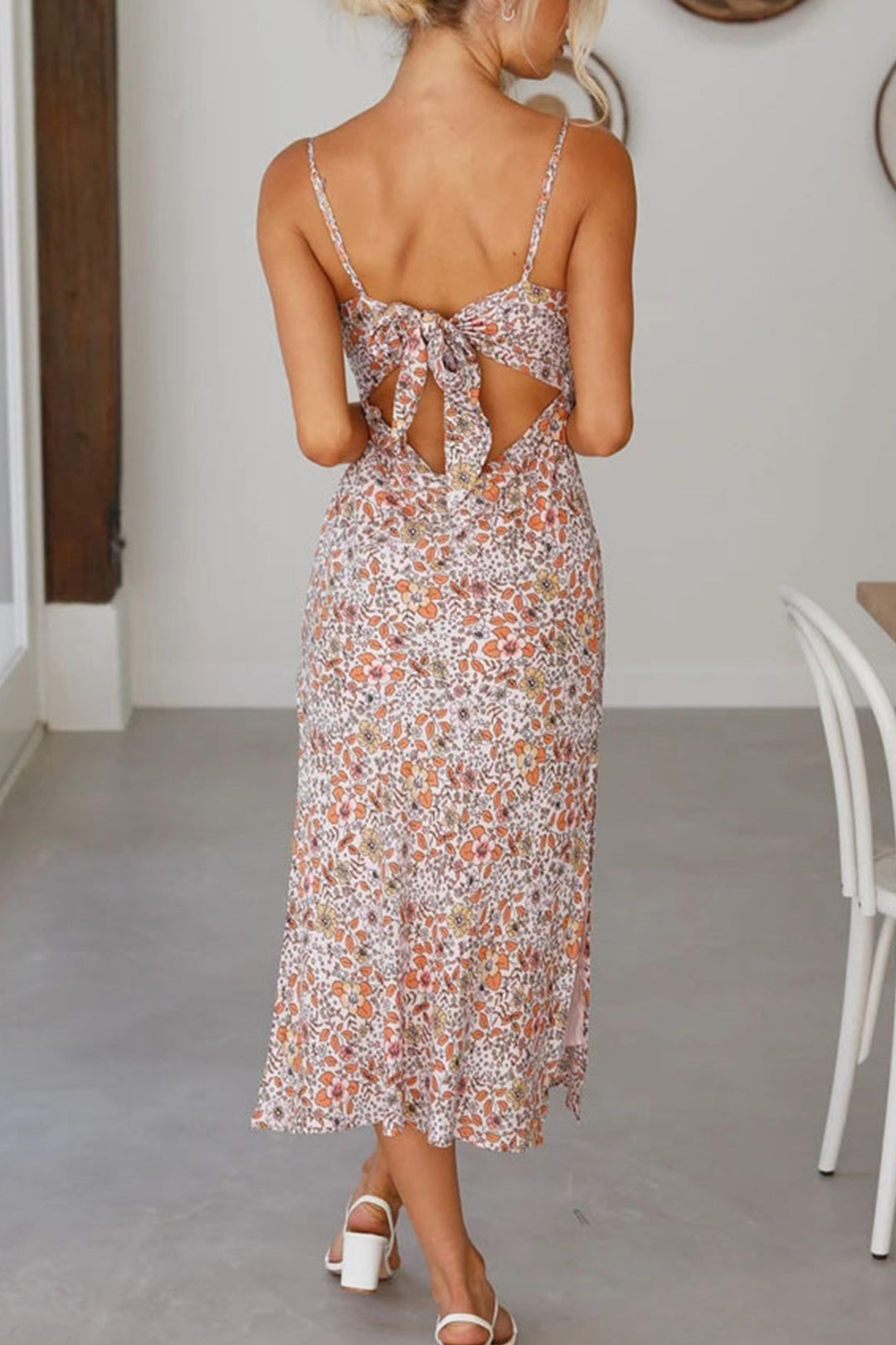 Floral Print Low Cut Slit Cami Dress Yellow · M