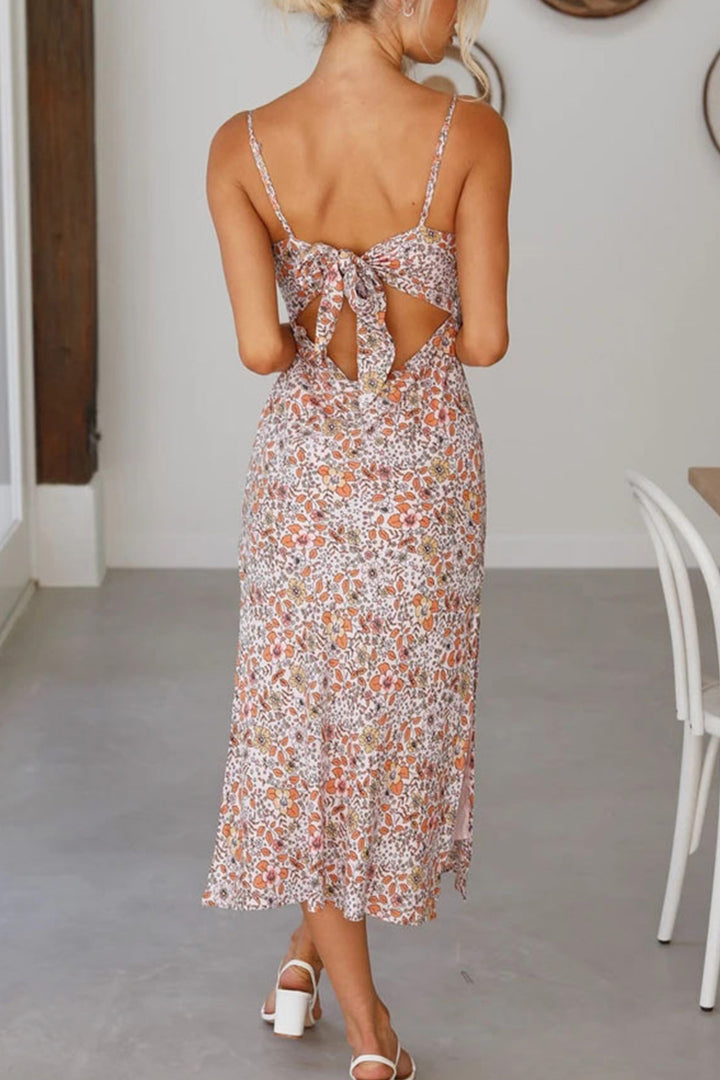 Floral Print Low Cut Slit Cami Dress Yellow · M