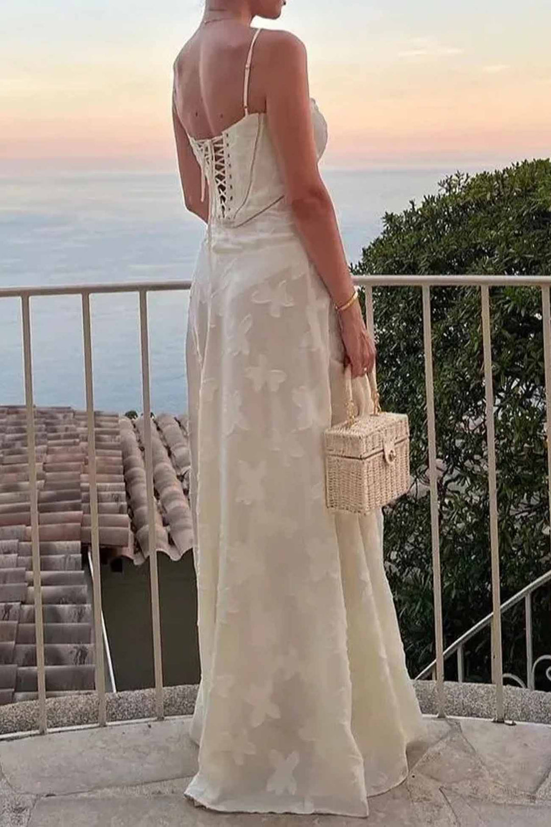 Floral Jacquard Tassel Lace Up Maxi Dress Beige · M