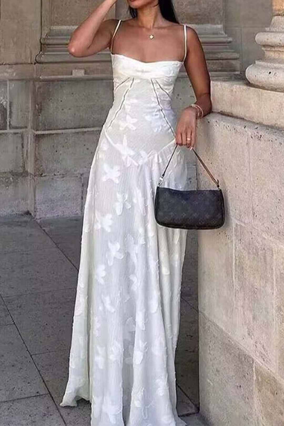 Floral Jacquard Tassel Lace Up Maxi Dress Beige · S