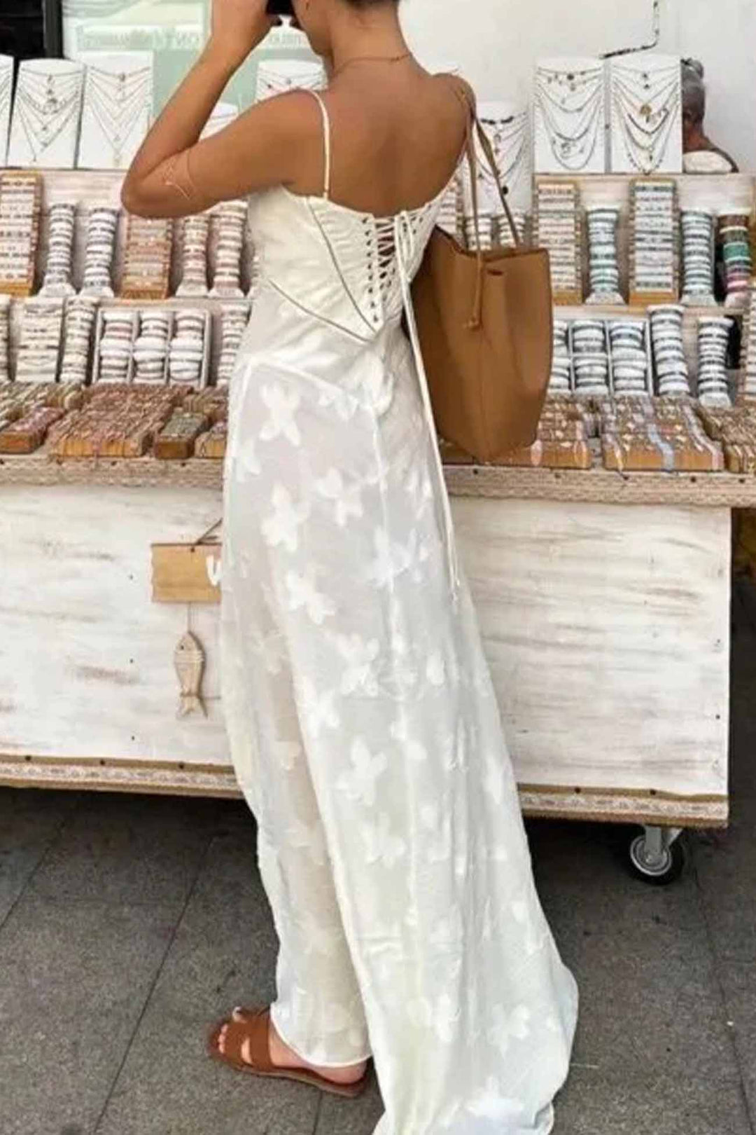 Floral Jacquard Tassel Lace Up Maxi Dress Beige · L