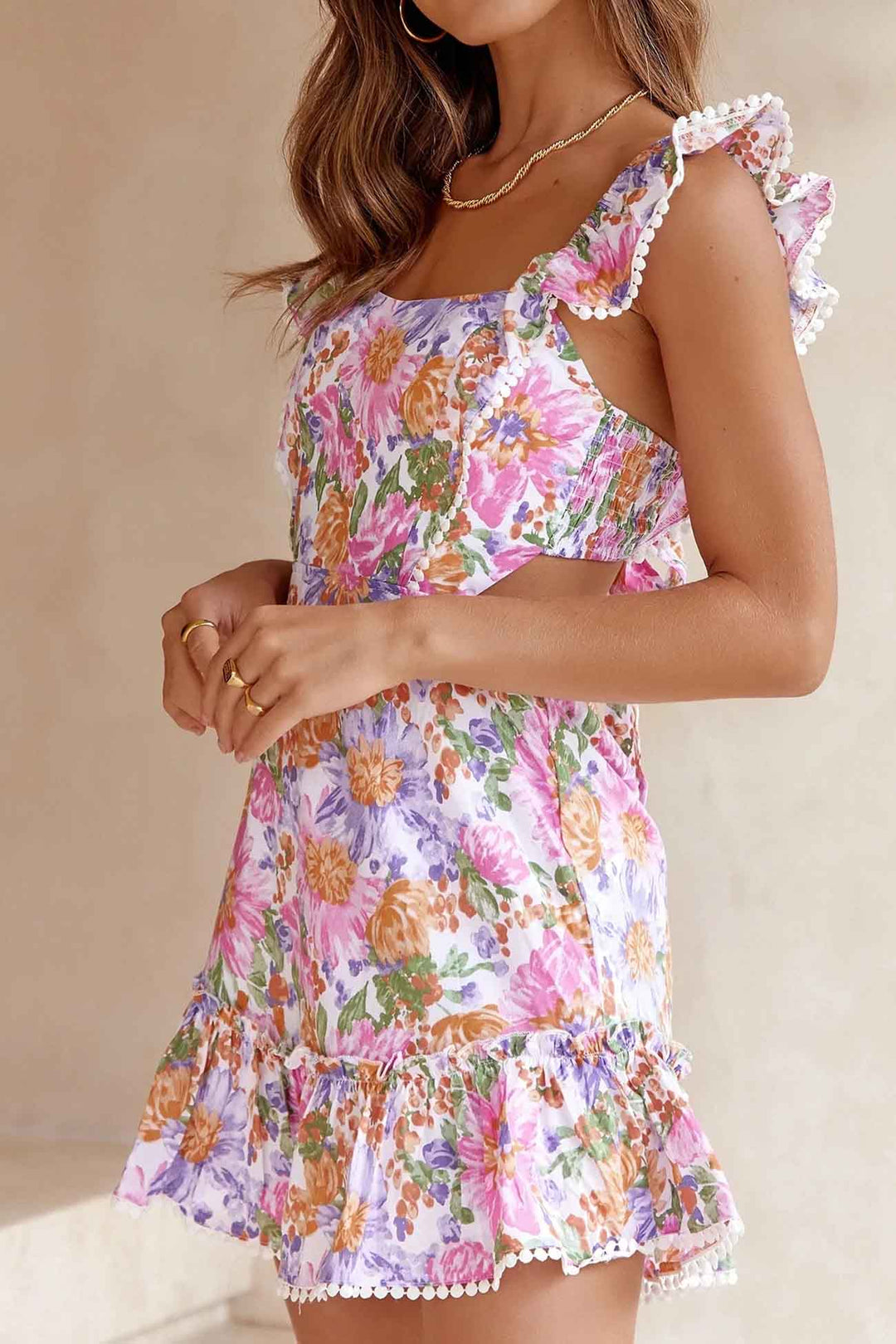 Floral Ruffle Back Tie Mini Dress Floral · M