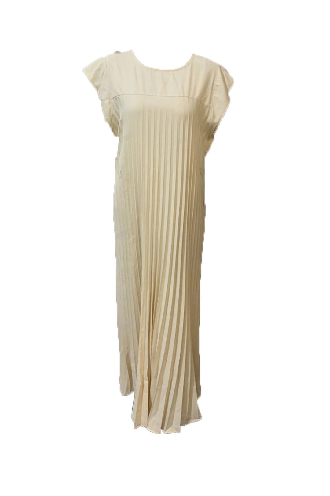 Crew Neck Cap Sleeve Pleated Dress Beige · L