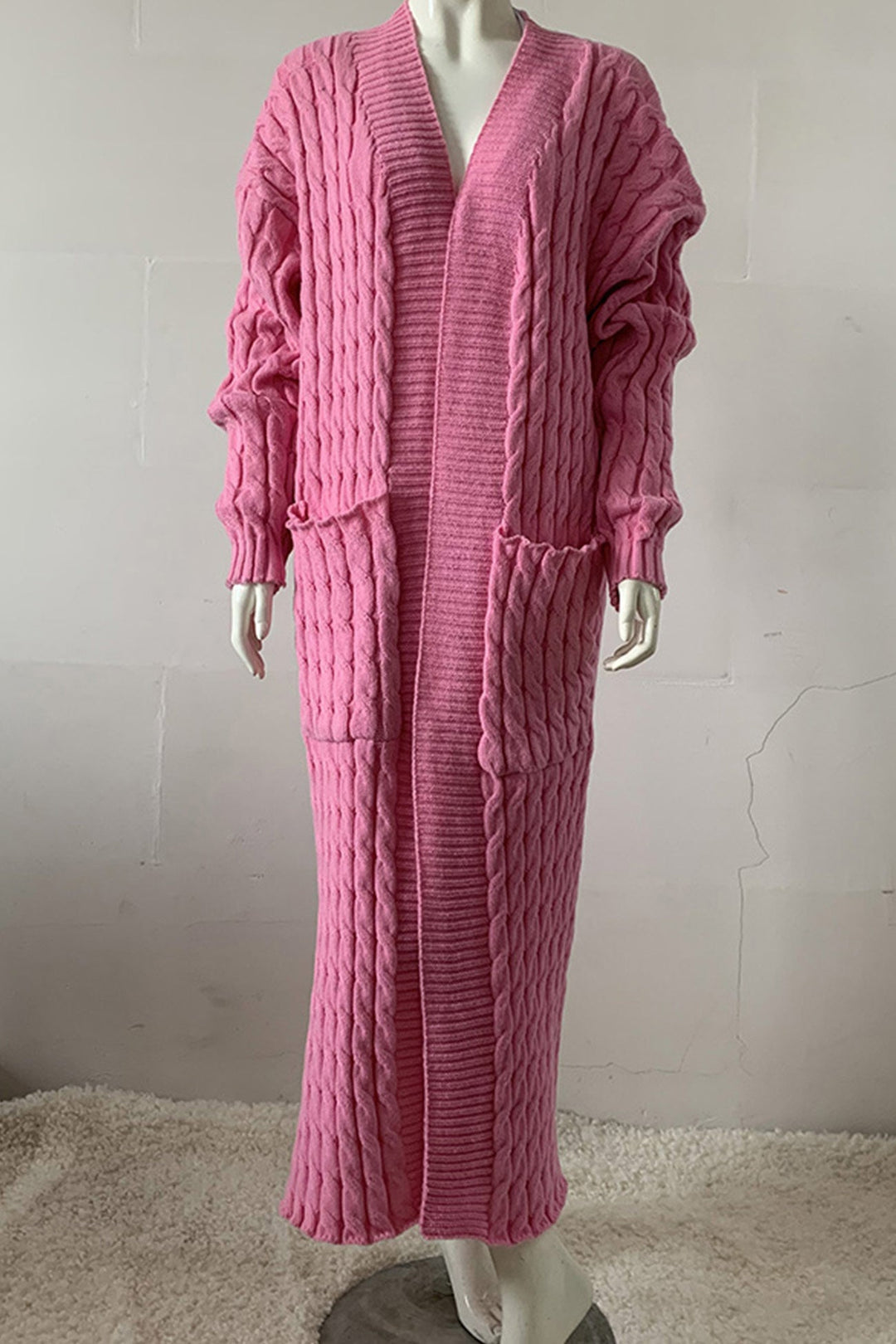 Pocketed Cable Knit Long Cardigan Green · M