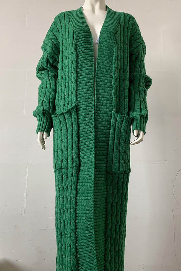 Pocketed Cable Knit Long Cardigan Green · S