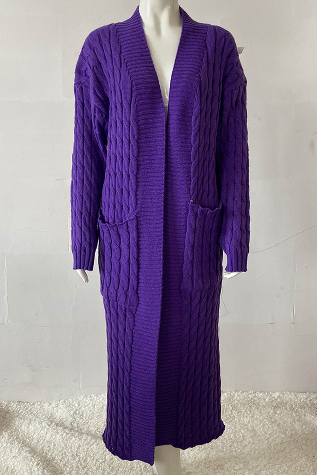 Pocketed Cable Knit Long Cardigan Pink · 2XL