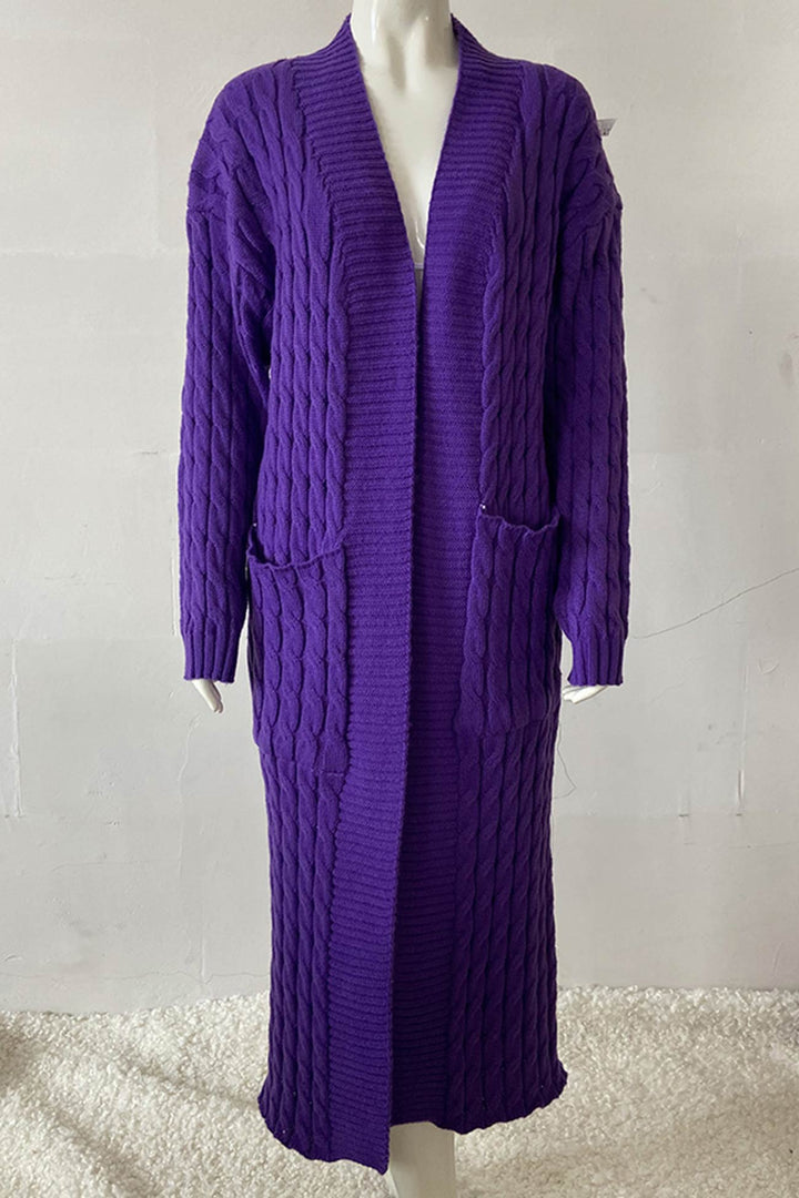 Pocketed Cable Knit Long Cardigan Pink · 2XL