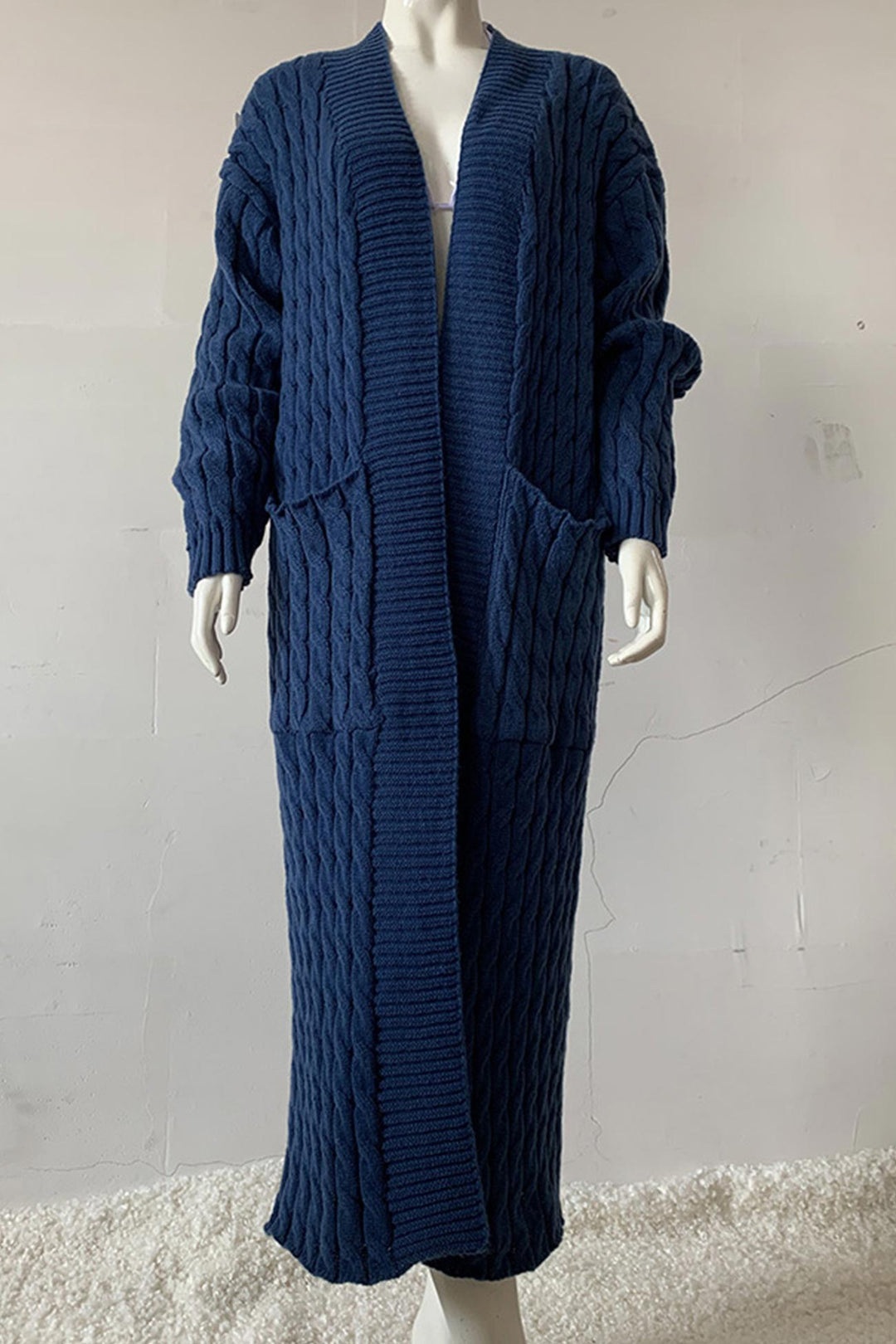 Pocketed Cable Knit Long Cardigan Yellow · M